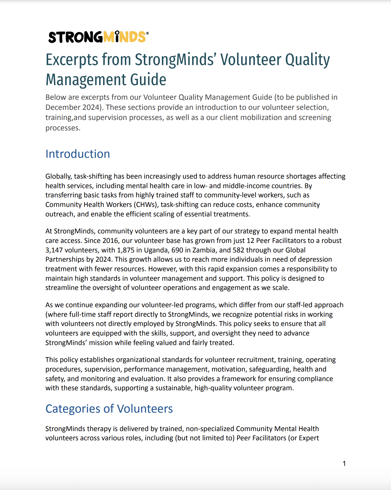 Excerpts from StrongMinds’ Volunteer Quality Management Guide